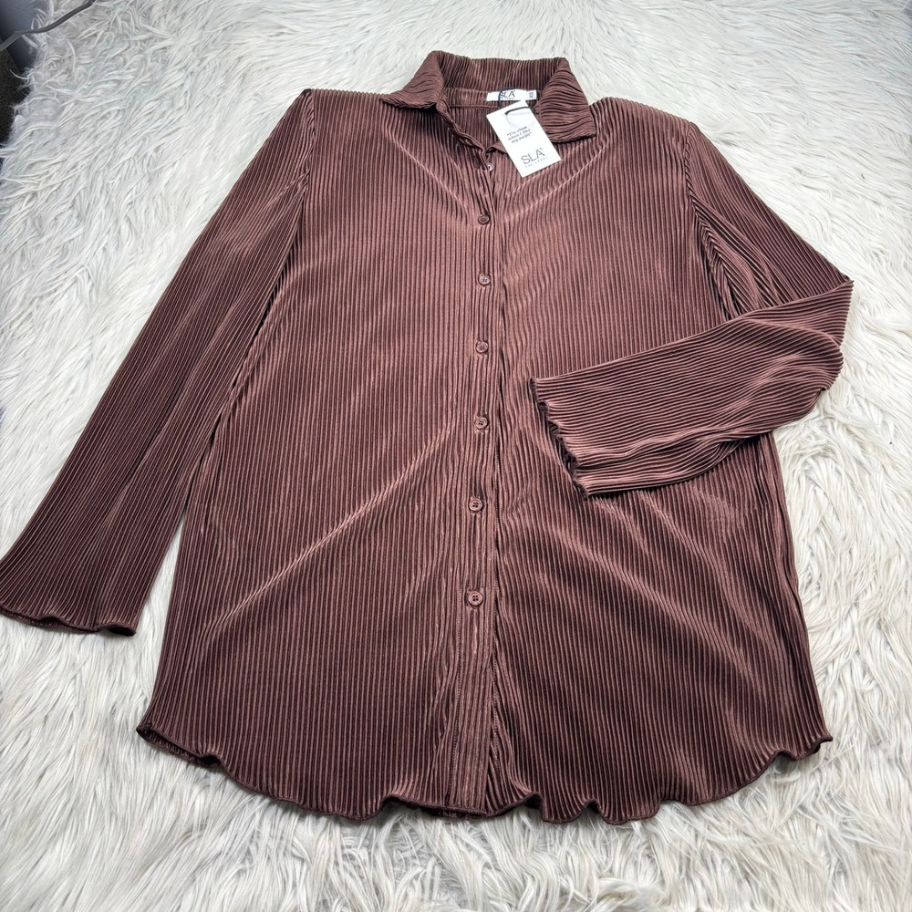 NWT SLA the Label Women's XS Brown Accordion Pleat Nolita Shirt Baddie